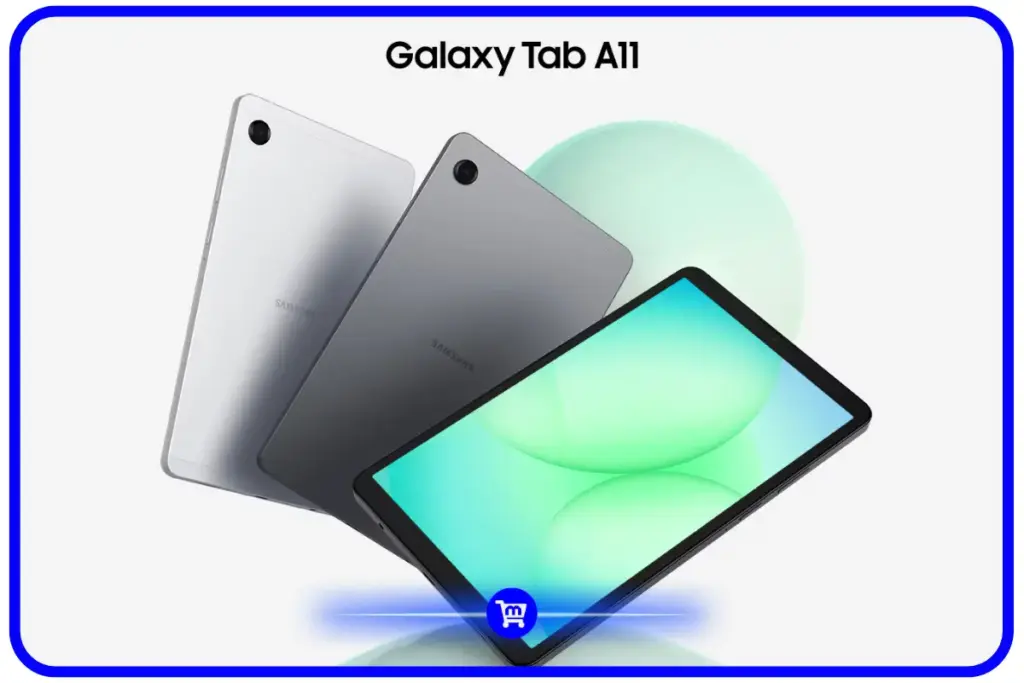 Samsung Galaxy Tab A11 nas cores prata e grafite, visto de frente e de tras