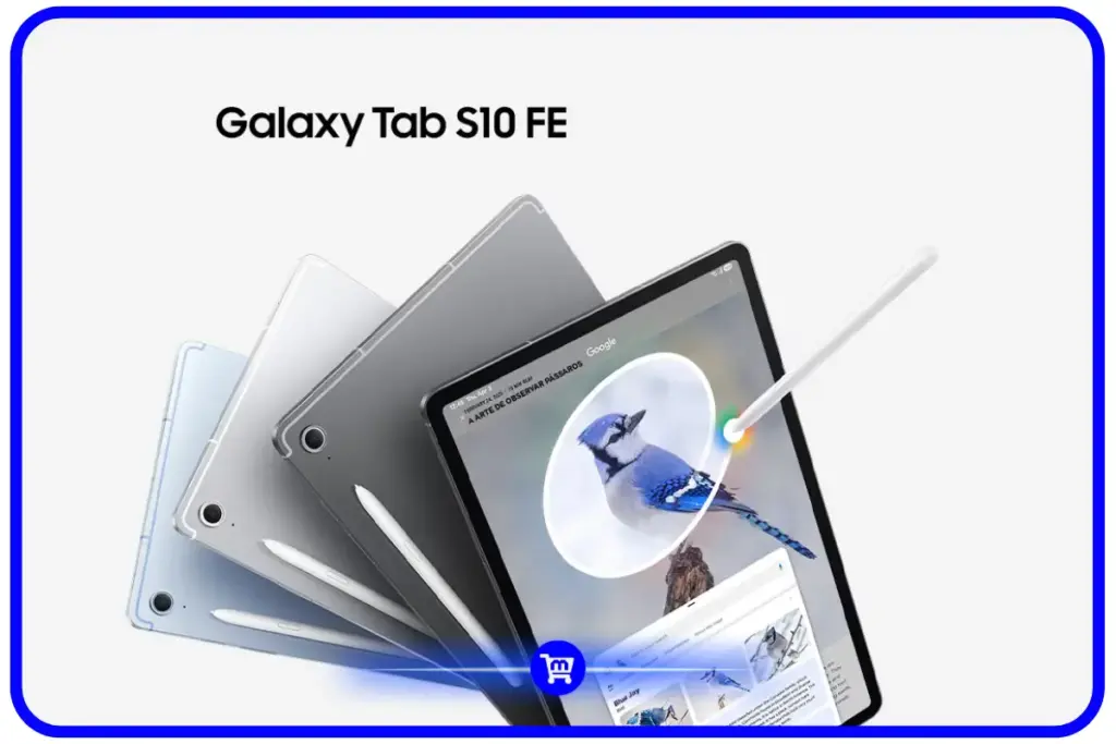 Samsung Galaxy Tab S10 FE em tres cores com S Pen, exibindo funcao Circle to Search na tela