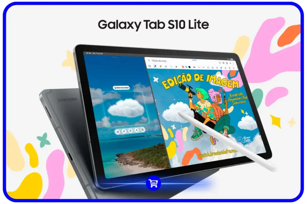 Samsung Galaxy Tab S10 Lite com S Pen apoiada na tela exibindo edicao de imagem no Samsung Notes