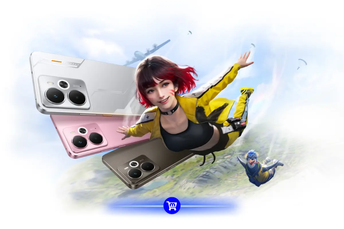 Celular barato para jogos: Poco X7 Pro nas cores prata, rosa e marrom com personagem gamer ao fundo