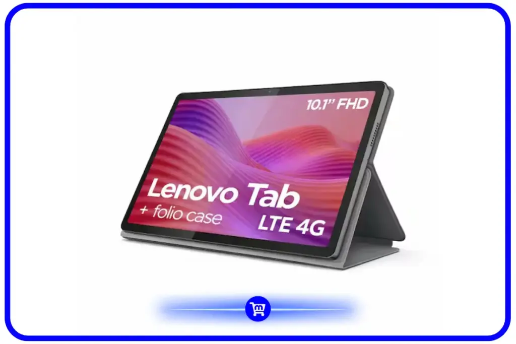 Lenovo Tab com capa folio case em suporte inclinado, exibindo tela Full HD de 10,1 polegadas com conectividade 4G LTE
