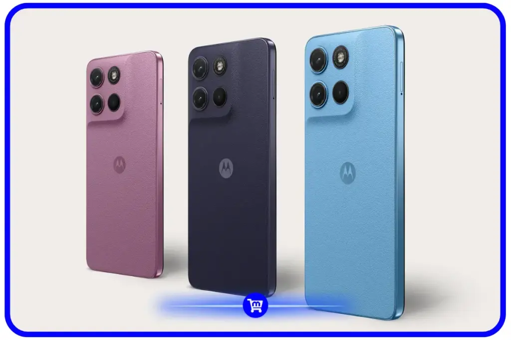 Motorola Moto G17 nas cores Bordeaux, Evening Blue e Alaskan Blue vistas pela traseira com acabamento em couro vegano
