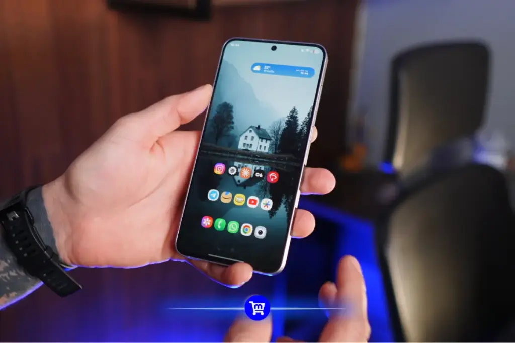 Galaxy S25 FE na mão com tela personalizada no One UI