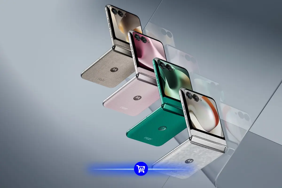 Os novos smartphones dobráveis da Motorola são apresentados em destaque, evidenciando design, telas e acabamento da nova geração Razr.