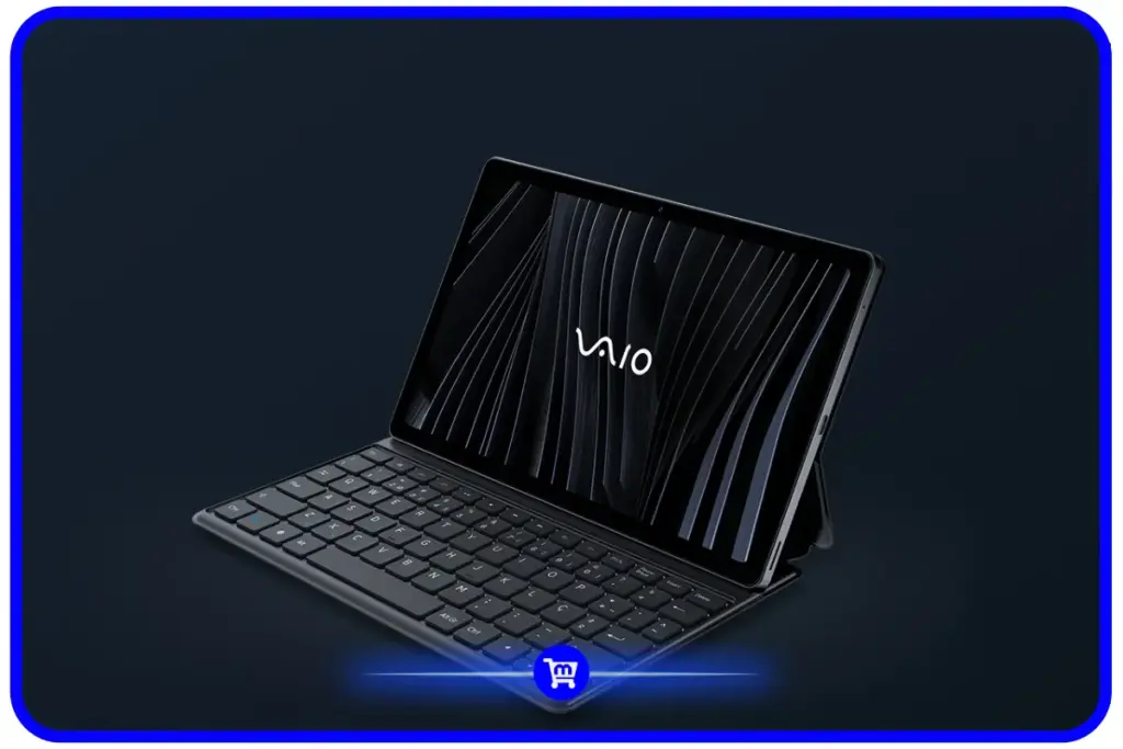VAIO TL10 em preto com capa-teclado ABNT2 acoplada e tela inclinada em suporte