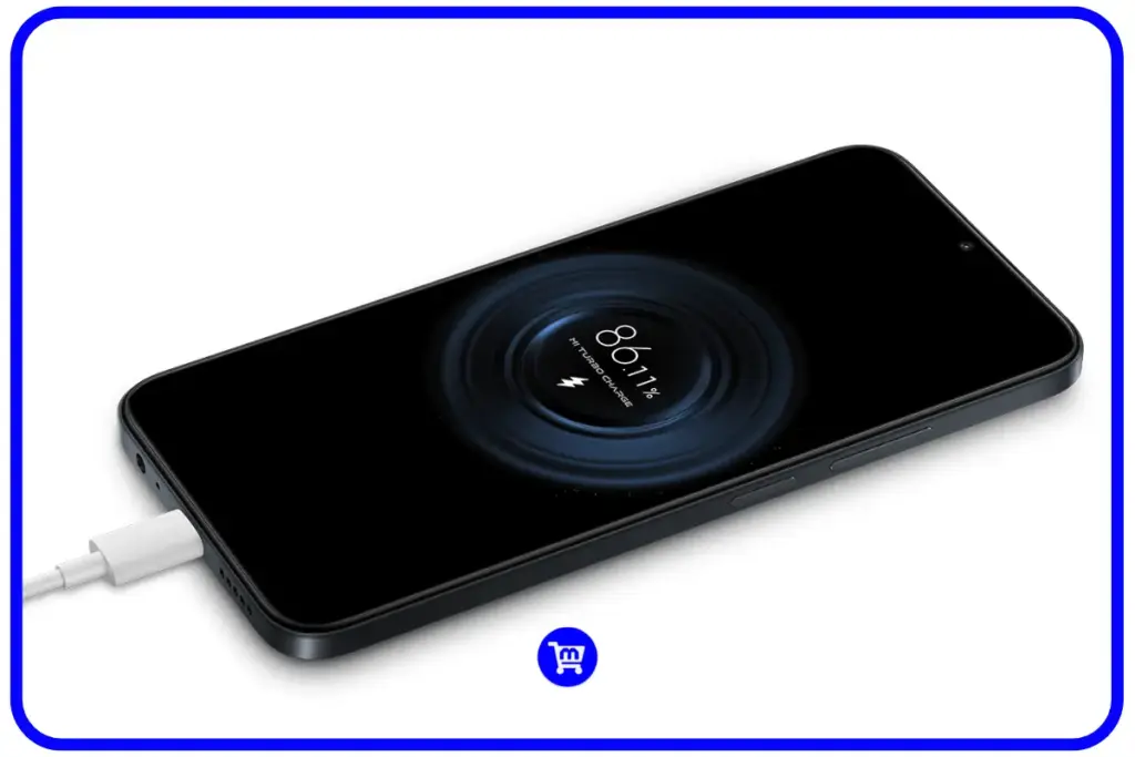 Celular Redmi 15C preto deitado sendo carregado via cabo, exibindo na tela o ícone de carregamento "Mi Turbo Charge" indicando 86.11%.