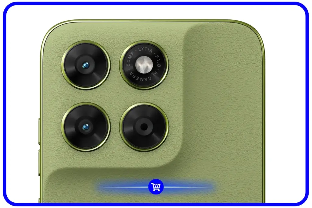 Módulo de câmeras traseiras do Moto G67 na cor Nile com destaque para o sensor principal Sony LYTIA 50 MP f/1,8