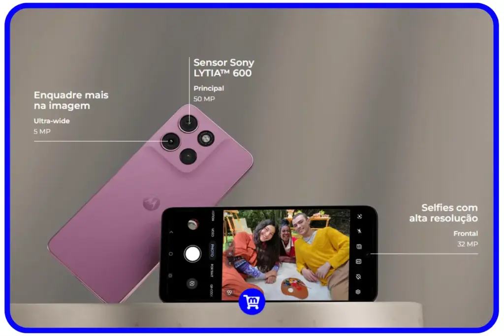 Câmera traseira do Moto G17 com sensor Sony LYTIA 600 de 50 MP e câmera frontal de 32 MP