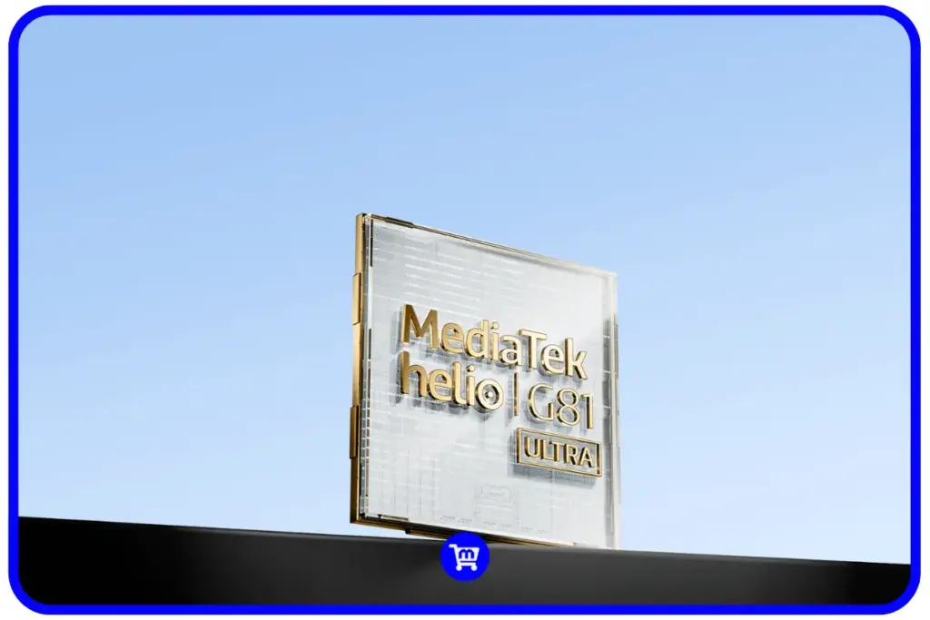 Ilustração técnica em 3D do chip processador MediaTek Helio G81 Ultra em um fundo azul claro.