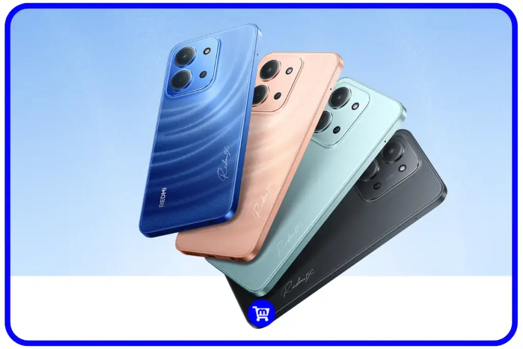 Traseira de quatro celulares Redmi 15C nas cores preto, verde claro, azul e pêssego, destacando o acabamento texturizado e o novo módulo de câmera quadrado.