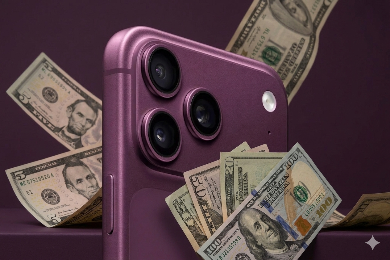 Renderização do iPhone 18 Pro na cor cereja escura, cercado por notas de dólar, com destaque para o conjunto traseiro de câmeras.