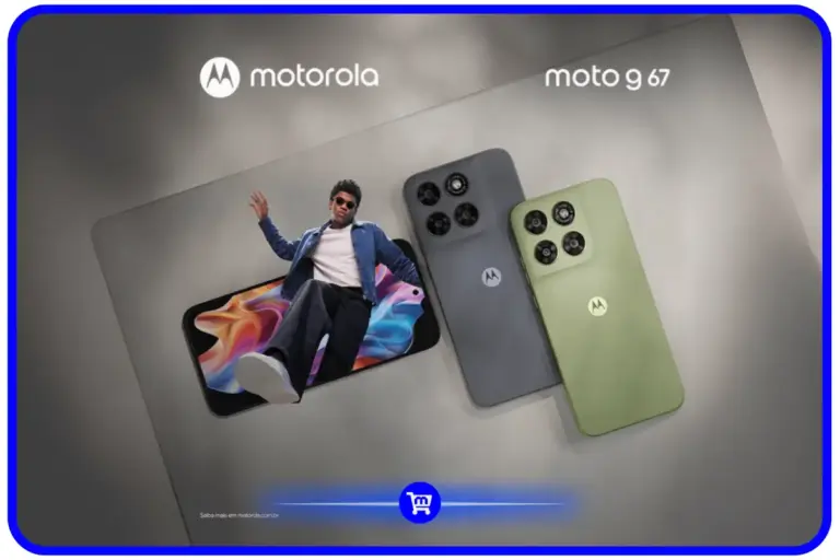 Moto G67 é bom? Foto oficial mostrando os dois modelos nas cores Nile e Arctic Seal ao lado de imagem do celular com a tela ligada