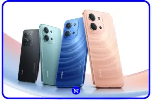 Quatro unidades do smartphone Redmi 15C em cores diferentes (azul, pêssego, verde e preto) dispostas de forma dinâmica sobre um fundo azul claro.