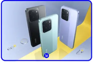 Visão artística das três cores do Poco C85 posicionados verticalmente, destacando se o poco c85 é bom para o uso diário.