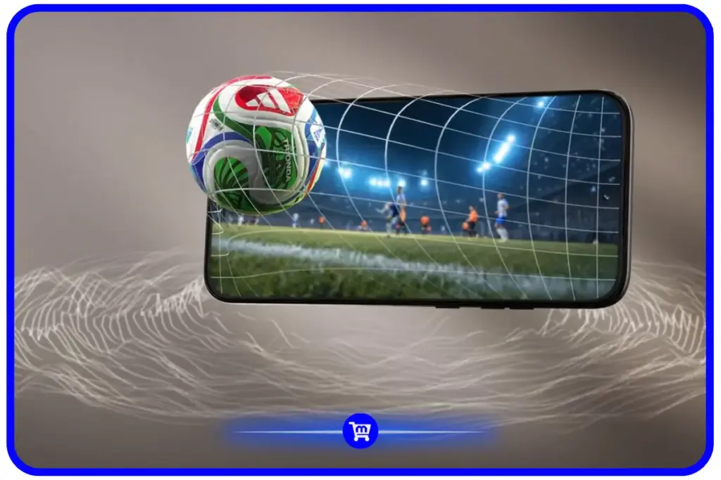 Moto G67 em posição horizontal com bola de futebol saindo da tela Extreme AMOLED de 6,8 polegadas, ilustrando a qualidade visual e imersão do display com 5.000 nits de brilho