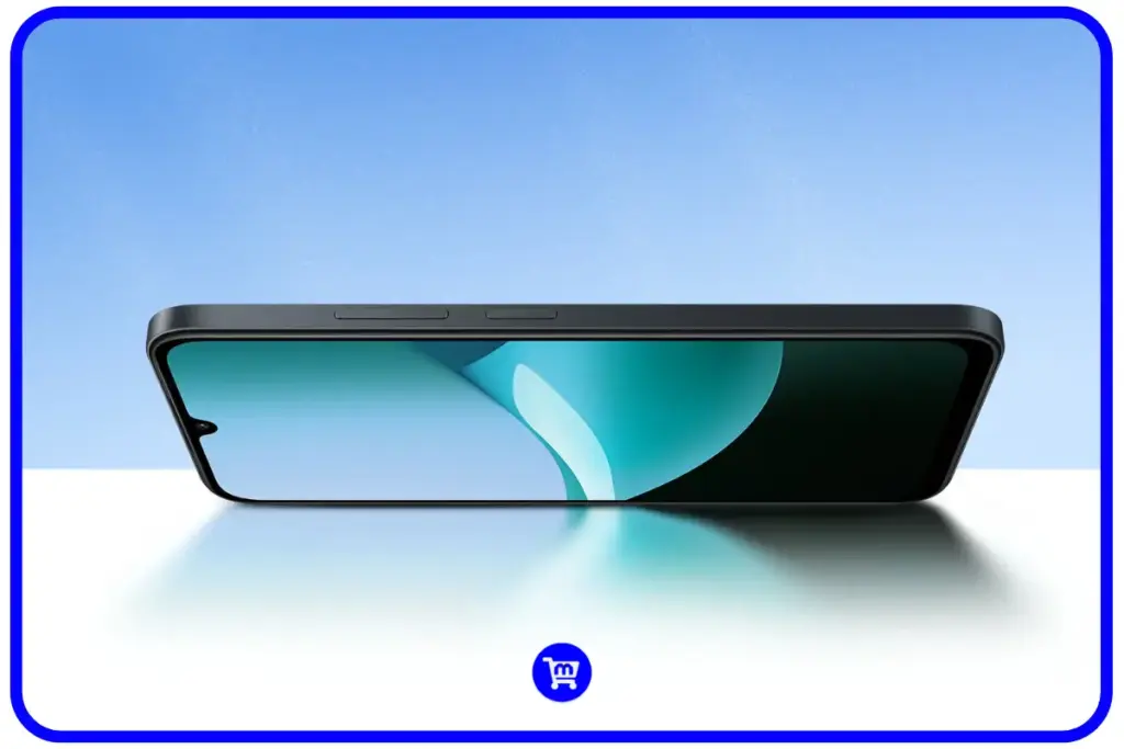 Visão lateral do Redmi 15C mostrando a tela de 6,9 polegadas com bordas finas e um papel de parede abstrato em tons de verde e azul.