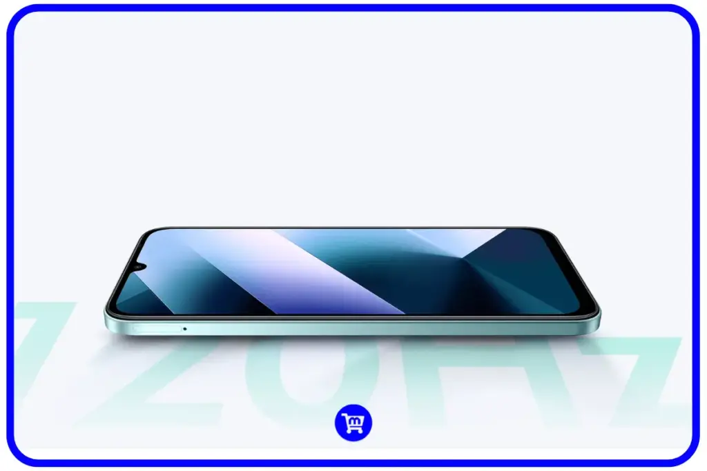Visão frontal do Poco C85 deitado, exibindo a tela IPS LCD de 6,9 polegadas com notch em formato de gota e bordas finas.