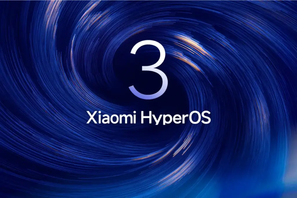 Logotipo do Xiaomi HyperOS 3 com número 3 centralizado sobre fundo azul com efeito de espiral luminosa