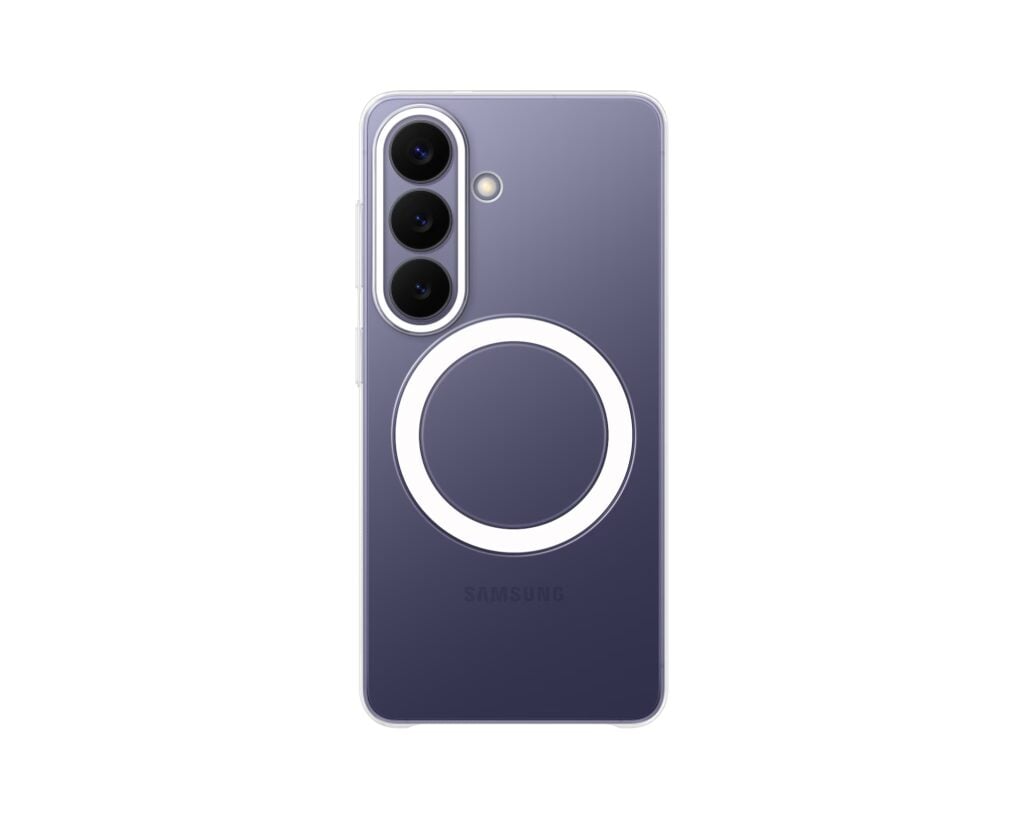 Capa transparente para smartphone Samsung Galaxy com anel magnético branco na parte traseira e recorte para câmera tripla.