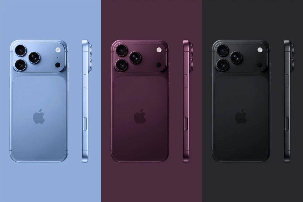 iPhone 18 pode chegar ao mercado com preço mais alto; entenda os motivos 2 Renderização da linha iPhone 18 Pro mostra os smartphones nas cores azul claro, cereja escura e preto, destacando o design traseiro com conjunto de câmeras em formato retangular.
