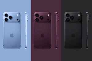 Renderização da linha iPhone 18 Pro mostra os smartphones nas cores azul claro, cereja escura e preto, destacando o design traseiro com conjunto de câmeras em formato retangular.