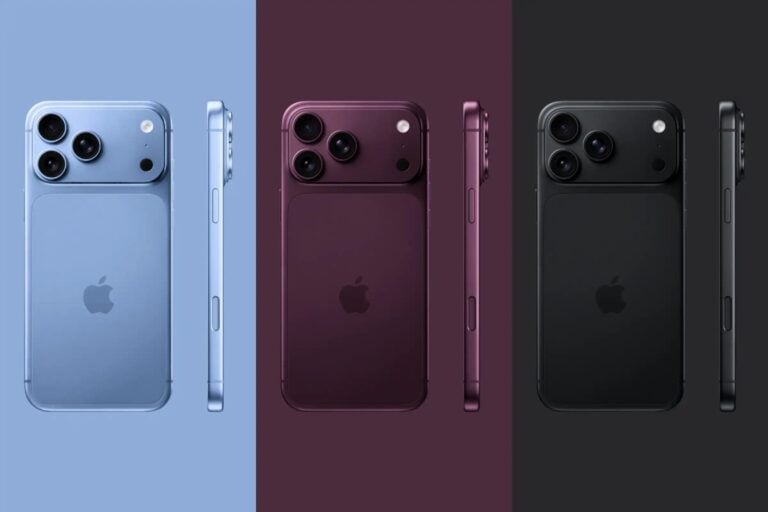 Renderização da linha iPhone 18 Pro mostra os smartphones nas cores azul claro, cereja escura e preto, destacando o design traseiro com conjunto de câmeras em formato retangular.