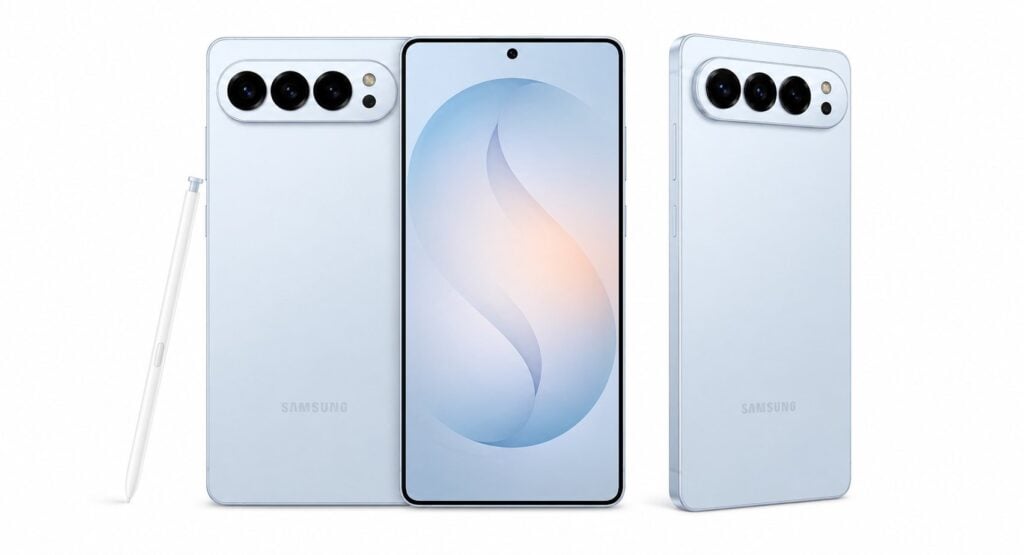 Smartphones Samsung Galaxy em cor azul-claro exibidos de frente e traseira ao lado de caneta stylus branca.