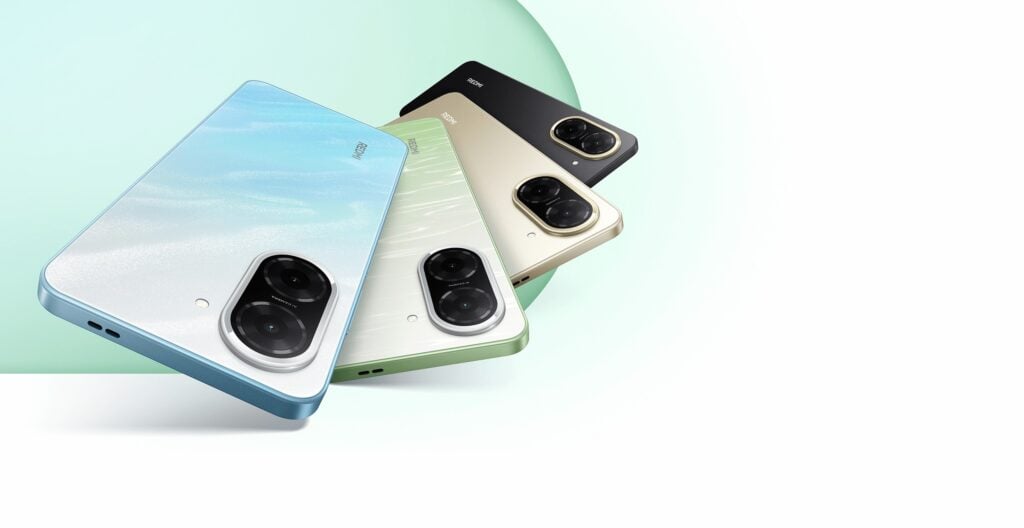 Celular Redmi A5 da Xiaomi nas cores azul, verde, ouro e preto.
