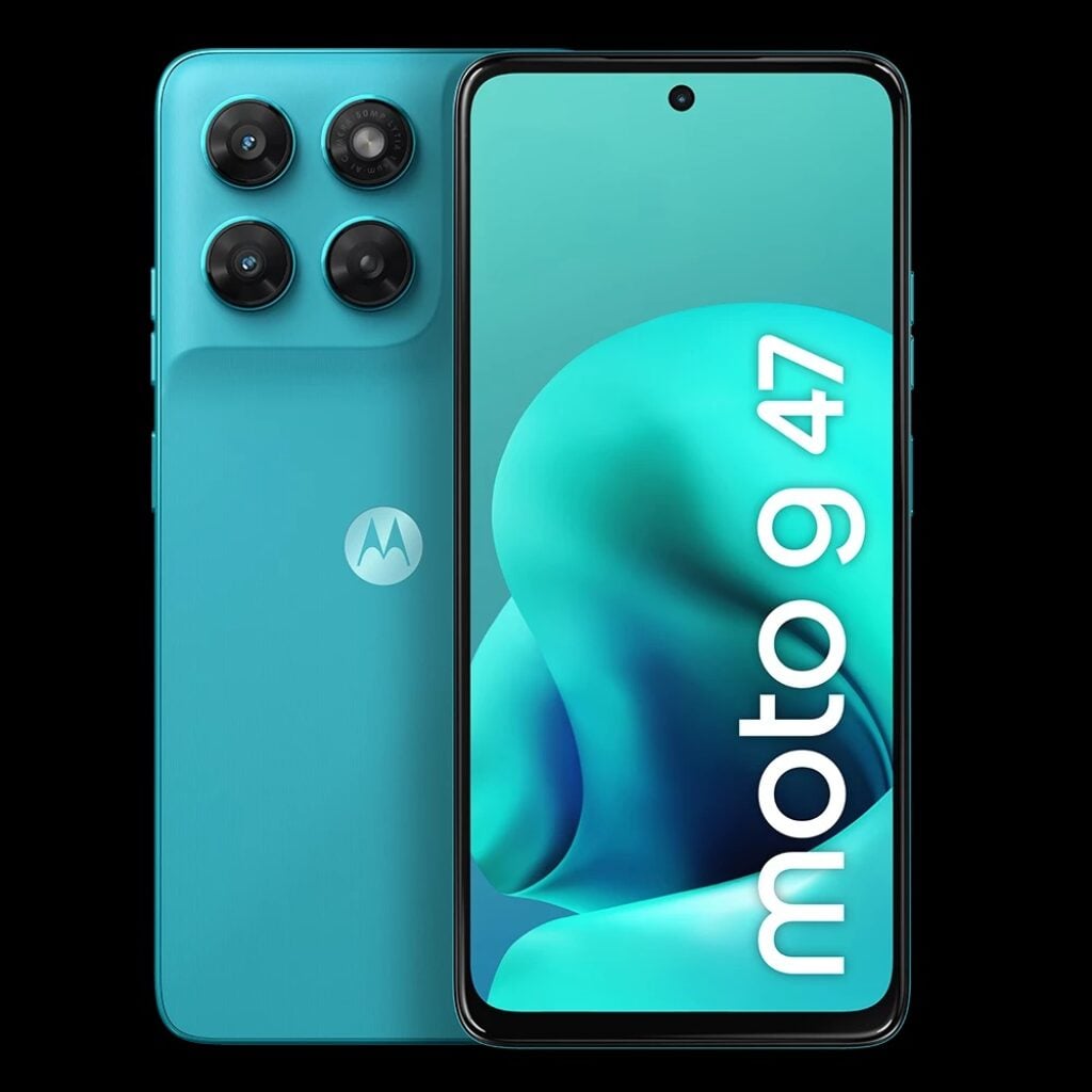 Moto G47 é bom? Confira preço e ficha técnica do lançamento da Motorola 2 Moto G47 na cor azul-turquesa exibido em posições frontal e traseira.