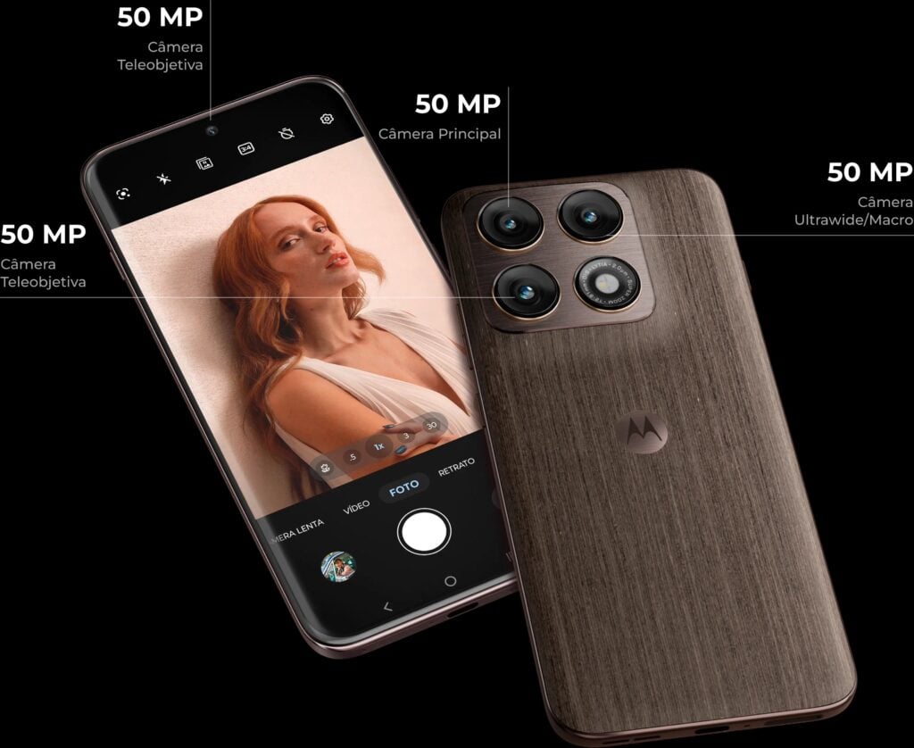 Conjunto de câmeras do Motorola Edge 70 Pro mostrado em detalhes