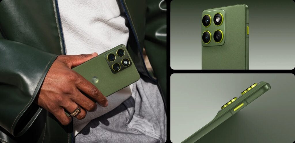 Motorola Edge 70 na cor Bronze Green em diferentes imagens