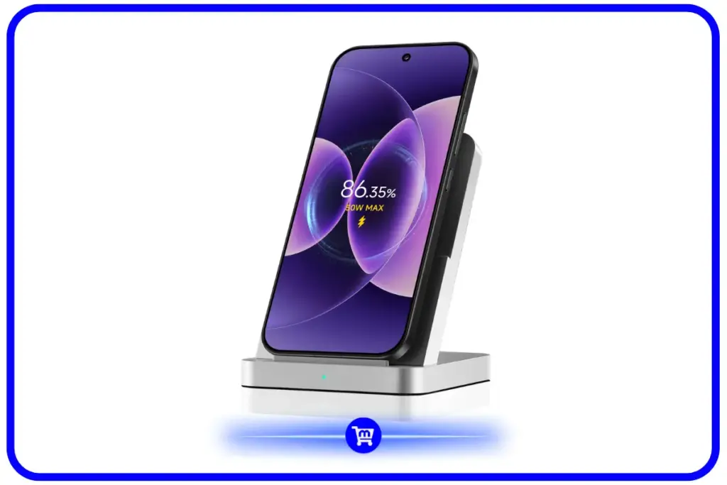 Xiaomi 17 carregando sem fio a 50W em suporte de mesa, tela exibindo 86% de bateria