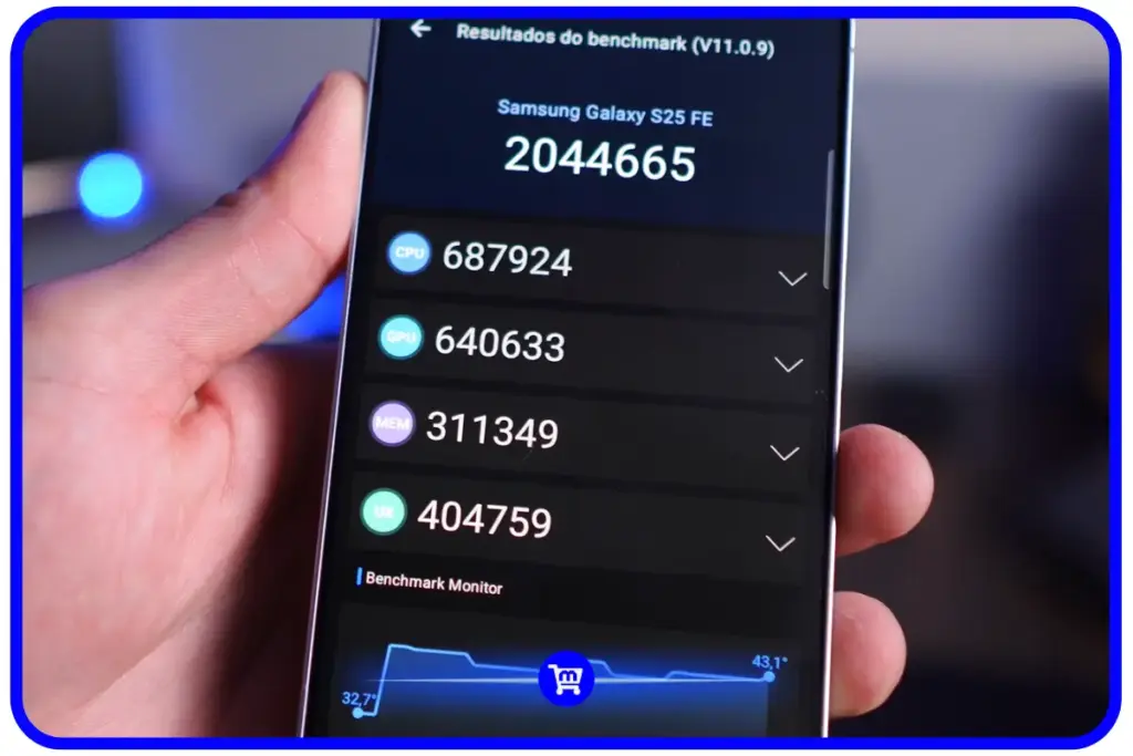 Resultado do AnTuTu V11 no Samsung Galaxy S25 FE com pontuação total de 2.044.665