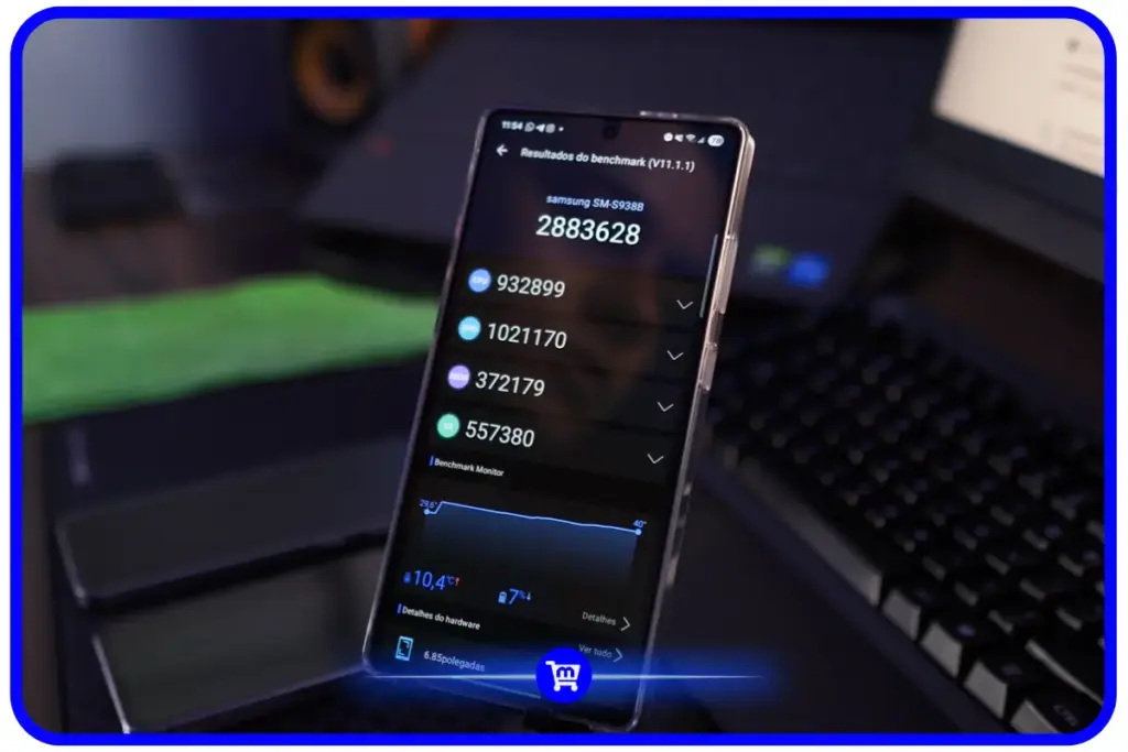 Resultado do AnTuTu no Galaxy S25 Ultra com pontuação 2.883.628 dividida entre CPU, GPU, MEM e UX