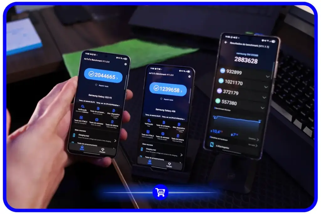 Três celulares com pontuações diferentes no AnTuTu para comparação de custo-benefício entre aparelhos