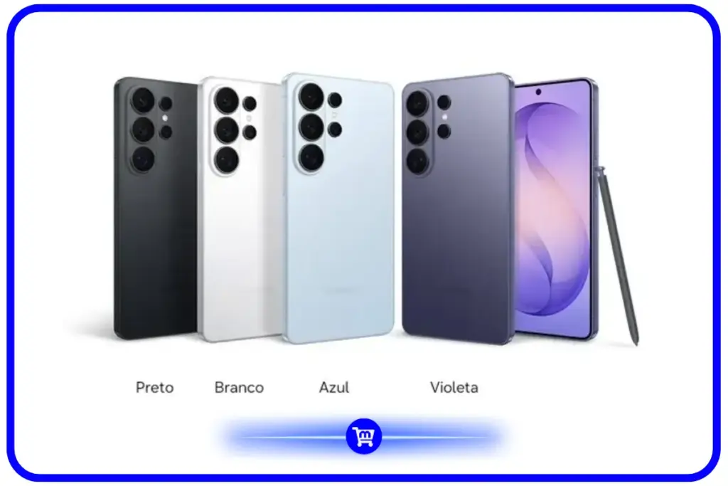 Galaxy S26 Ultra nas cores preto, branco, azul e violeta com a S Pen inclusa