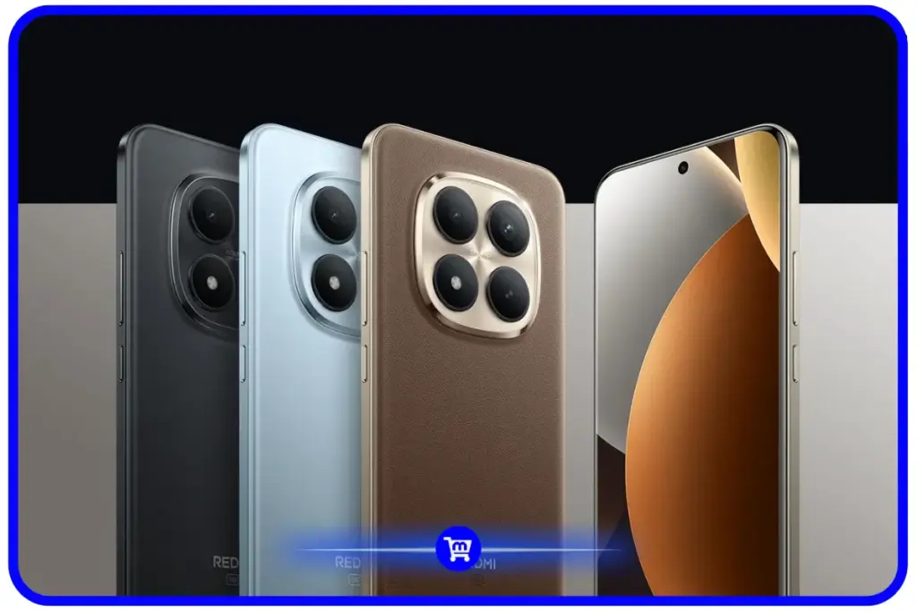 Redmi Note 15 Pro Plus nas cores Preto, Glacier Blue e Mocha Brown, com a frente à direita.