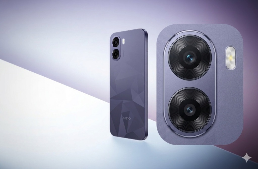 OPPO A6t na cor Violeta com foco em suas câmeras