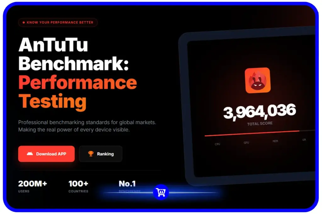 Site oficial do AnTuTu Benchmark com estatísticas de 200 milhões de usuários em mais de 100 países
