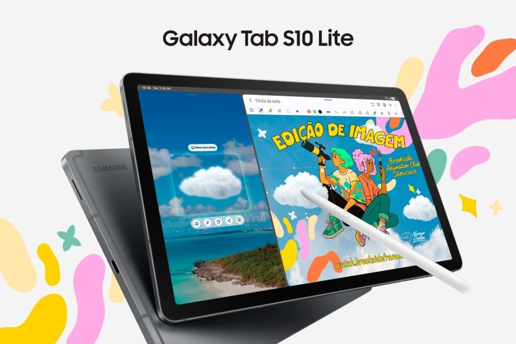 Galaxy Tab S10 Lite em tela animada exibindo a canet S Pen.