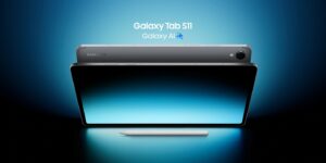 Tablet Samsung Galaxy Tab S11 com caneta S Pen inclusa e indicação da presença da GALAXY AI na imagem.