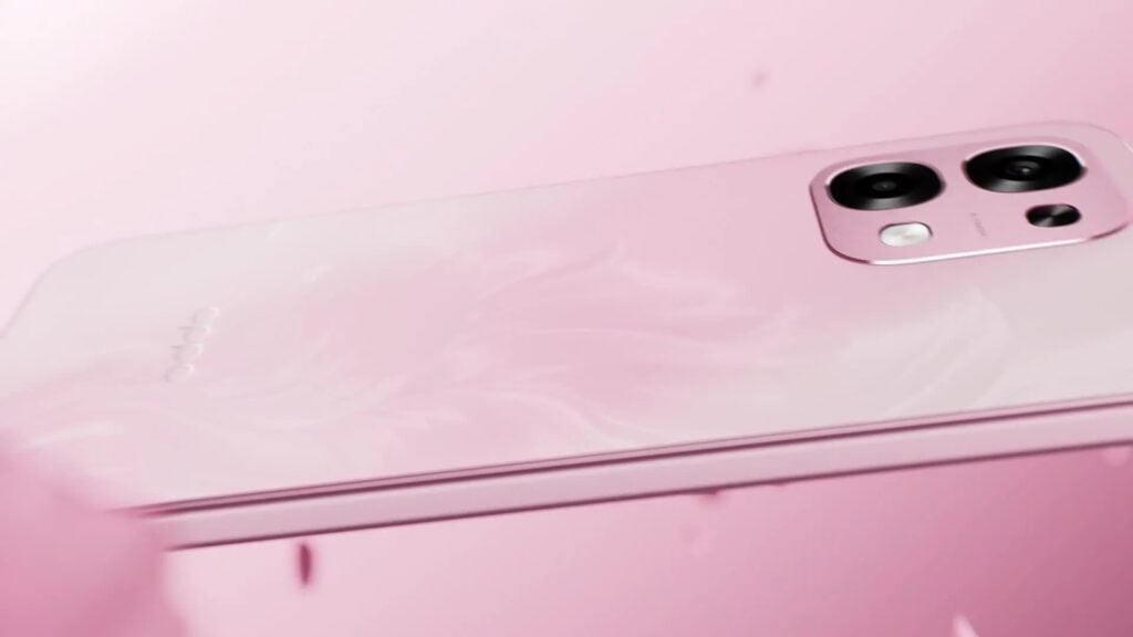 OPPO A6 Pro na cor Rosa exibindo a tampa traseira diferenciada.