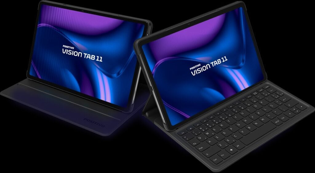 Tablet Positivo Vision Tab 11 exibido com capa protetora e capa telcado.
