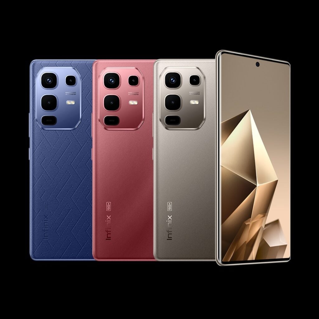 Infinix Note 50s nas cores azul, vermelho e cinza.