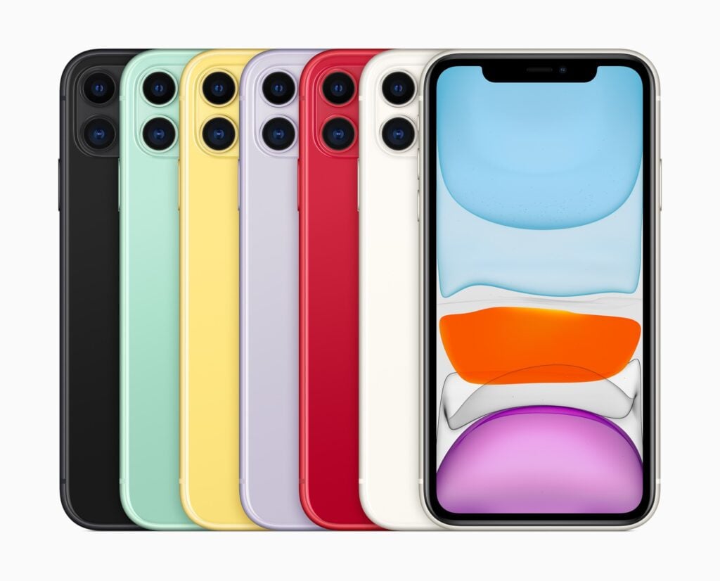 iPhone 11 nas cores preto, verde, amarelo, lilás, vermelho e branco