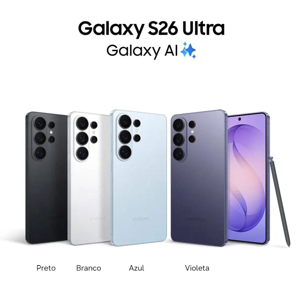 Galaxy S26 Ultra em banner de lançamento nas cores violeta, branco, preto, azul, dourado e prata.