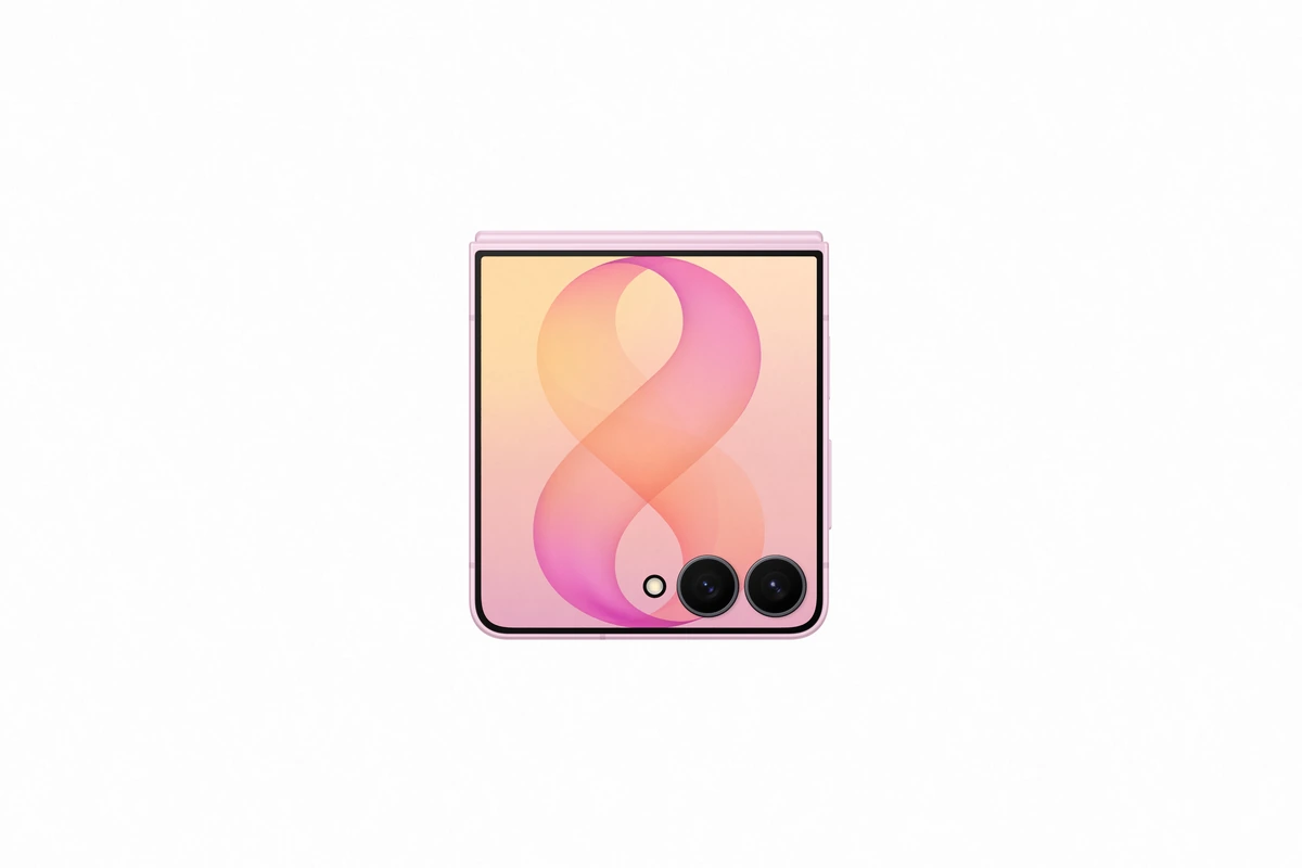 Galaxy Z Flip 8 fechado na cor Pink com a Flex Window ocupando toda a frente do aparelho