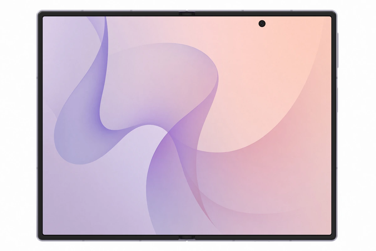 Galaxy Z Fold 8 aberto na cor Lavender mostrando a tela interna mais larga na proporção 4:3