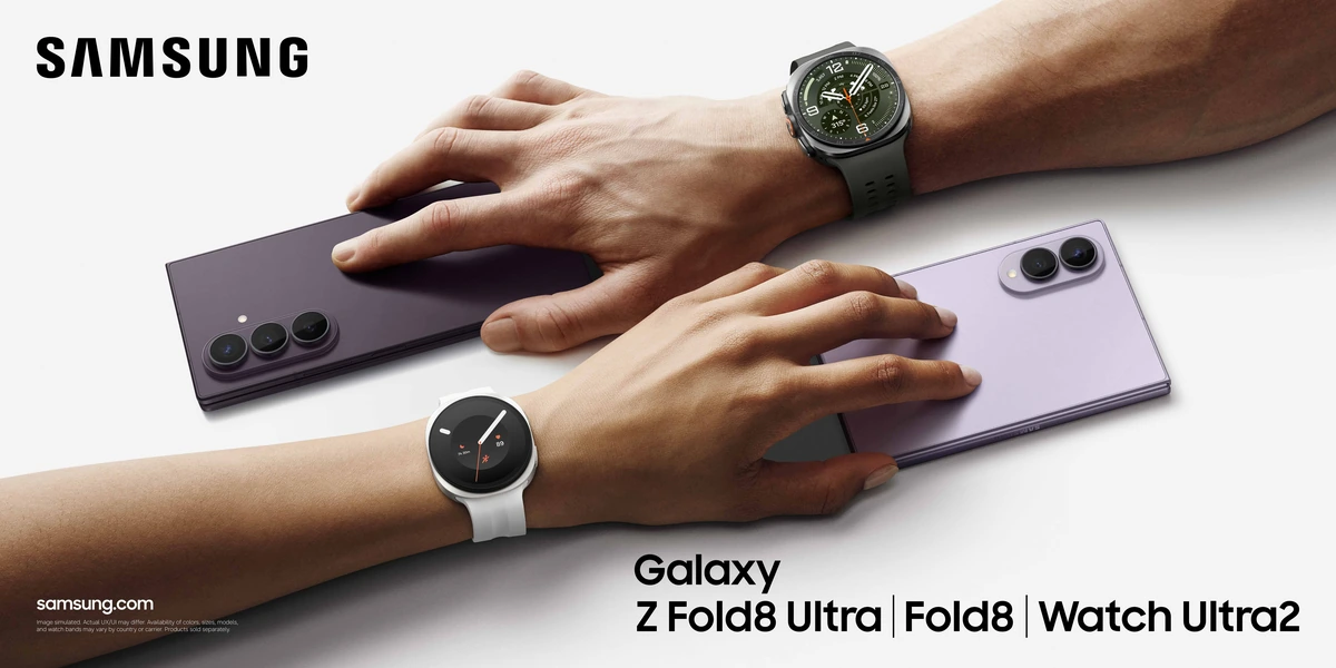 Galaxy Z Fold 8 Ultra, Fold 8, Watch Ultra 2 e Watch 9 usados em conjunto no ecossistema Galaxy