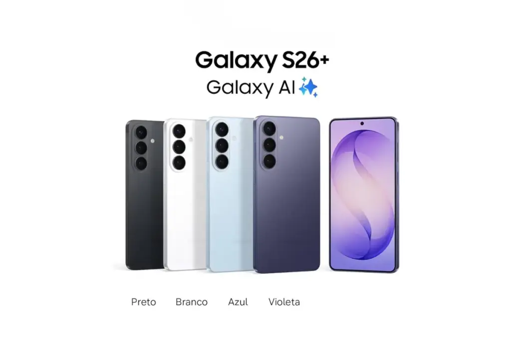 Galaxy S26 Plus nas cores Preto, Branco, Azul e Violeta, com estrutura de alumínio e Gorilla Glass Victus 2